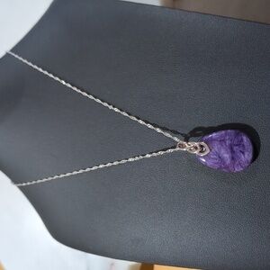 925 Sterling Silver Charoite Teardrop Gemstone Pendant Necklace